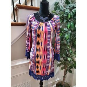 2B Together Women Multicolor Polyester RoundNeck Long Sleeve Knee Length Dress S